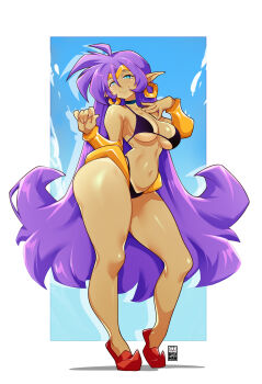 1girl absurdly_long_hair absurdres bayeuxman big_hair bikini black_bikini blue_eyes breasts commentary_request dark-skinned_female dark_skin earrings gold_bracer gold_tiara hair_between_eyes highres hoop_earrings jewelry large_breasts long_hair pointy_ears pointy_shoes purple_hair shantae shantae_(series) shoes solo standing swimsuit very_long_hair