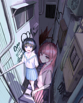 2girls absurdres air_conditioner alley arm_behind_back bandaged_wrist bandages bandaid bandaid_on_face black_hair blood blood_in_mouth blood_on_wall blood_splatter blue_eyes blue_neckerchief blue_skirt blunt_bangs commentary fangs highres horror_(theme) medium_hair multiple_girls neckerchief open_mouth original pink_eyes pink_hair pink_neckerchief pink_shirt pink_skirt sailor_collar sakiika0513 school_uniform serafuku shadow shirt short_hair skirt standing ventilator white_shirt writing_on_wall