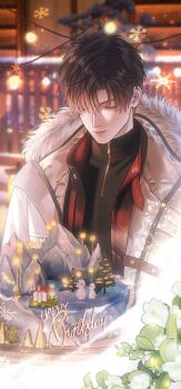 absurdres birthday birthday_cake black_shirt cake closed_eyes clowndao commentary_request food fur-trimmed_jacket fur_trim happy_birthday highres jacket love_and_deepspace mini_snowman open_clothes open_jacket shirt snowflakes snowing white_jacket zayne_(love_and_deepspace)