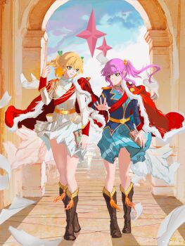 2girls :d absurdres aiguillette alternate_hairstyle animal_sticker arch architecture bell belt belt_buckle black_boots blue_jacket blue_skirt book boots buckle buttons chinese_commentary closed_mouth cloud collared_shirt commentary_request crossed_ankles crossed_bangs daiba_nana day epaulettes fine_art_parody flipped_bangs flying_paper frog full_body fur-trimmed_jacket fur_trim green_eyes green_ribbon hair_bell hair_between_eyes hair_ornament hair_ribbon hand_up heel_up highres holding holding_book holding_paper hoshimi_junna index_finger_raised indoors jacket jacket_on_shoulders lapels long_hair long_sidelocks long_sleeves looking_to_the_side miniskirt multicolored_jacket multiple_girls open_mouth outstretched_hand paper parody pleated_skirt pointing pointing_up purple_hair qisu_zhang red_jacket red_sash ribbon sash script shadow shirt short_hair shoujo_kageki_revue_starlight shoulder_sash side-by-side side_ponytail sidelocks single_horizontal_stripe single_stripe skirt sky sleeve_cuffs smile standing star_(symbol) striped_clothes striped_skirt tassel teeth the_school_of_athens two_side_up upper_teeth_only waist_cape watermark weibo_watermark white_jacket white_shirt white_skirt wind yellow_belt