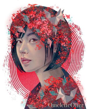 Rule 34 | 1girl, aegyo sal, black hair, black shirt, collared shirt, expressionless, fingerprint, highres, looking at viewer, omeletteotter, portrait, red eyes, shimizu hinako, shirt, short hair, silent hill (series), silent hill f, solo