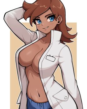 1girl arm_behind_head arm_up blue_eyes breasts brown_hair cleavage coat collarbone commentary cowboy_shot dark-skinned_female dark_skin english_commentary highres large_breasts long_hair long_sleeves looking_at_viewer navel no_bra oninuer open_clothes open_coat original parted_bangs parted_lips simple_background smile solo stomach white_coat