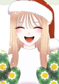 Rule 34 | 1girl, blonde hair, blush, christmas, closed eyes, cover, cover page, earrings, fukuda shinichi, gloves, green gloves, hat, highres, jewelry, kitagawa marin, long hair, manga cover, multicolored gloves, official art, open mouth, oven mitts, patterned background, profile, santa hat, simple background, sono bisque doll wa koi wo suru, sweater, third-party source, white background, white gloves, white sweater, yellow gloves