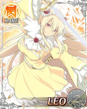 1girl aquarius_(symbol) aries_(symbol) blonde_hair breasts brooch buttons cancer_(symbol) capricorn_(symbol) card_(medium) character_name dodecagram double-breasted dress energy_sword flower flower_brooch frilled_dress frilled_hairband frills fur-trimmed_dress fur_collar fur_trim gemini_(symbol) hair_between_eyes hair_flower hair_ornament hairband holding holding_sword holding_weapon jewelry large_breasts leo_(senran_kagura) leo_(symbol) libra_(symbol) long_hair long_sleeves looking_at_viewer official_art pisces_(symbol) puffy_long_sleeves puffy_sleeves purple_eyes red_flower red_rose rose sagittarius_(symbol) scabbard school_emblem scorpio_(symbol) senran_kagura senran_kagura_new_wave sheath solo strap sword taurus_(symbol) very_long_hair virgo_(symbol) weapon yellow_dress zodiac_wheel