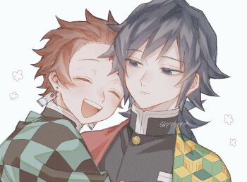 2boys black_hair black_jacket blue_eyes brown_hair buttons checkered_haori closed_eyes commentary_request demon_slayer_uniform earrings empty_eyes gold_buttons hair_between_eyes hanafuda_earrings haori high_collar highres hug jacket japanese_clothes jewelry kamado_tanjirou kikkoumon kimetsu_no_yaiba long_hair low_ponytail male_focus multiple_boys open_mouth pipiyupiyo ponytail print_haori red_haori short_hair simple_background smile spiked_hair teeth tomioka_giyuu tongue twitter_username upper_body upper_teeth_only white_background