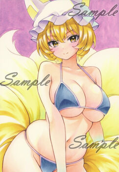1girl bikini blonde_hair blue_bikini blush breasts closed_mouth commentary_request fox_girl fox_tail hat large_breasts looking_at_viewer miyakooo0420 multiple_tails navel pink_background sample_watermark short_hair smile solo swimsuit tail touhou traditional_media watermark white_hat yakumo_ran