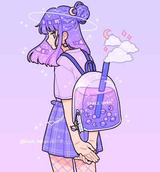 1girl arms_behind_back backpack bag bag_charm belt wallet_chain charm_(object) cloud commentary constellation crescent crescent_hair_ornament crescent_moon drinking_straw earrings emily_kim english_commentary gradient_background hair_bun hair_ornament halo highres jewelry liquid looking_at_viewer medium_hair moon original pastel_colors plaid_clothes plaid_skirt planet_earrings pleated_skirt profile purple_background purple_belt purple_eyes purple_hair purple_shirt purple_skirt purple_theme see-through_bag shirt short_sleeves simple_background skirt solo sparkle twitter_username white_halo