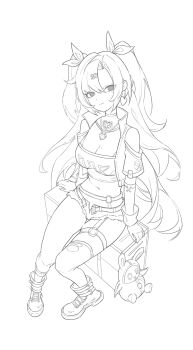 1girl absurdres ankle_boots arm_warmers asymmetrical_legwear bangboo_(zenless_zone_zero) bare_shoulders boots bow box breasts cleavage closed_mouth clothing_cutout earrings full_body greyscale hair_bow heart heart_earrings highres jacket jewelry large_breasts lineart looking_at_viewer mole mole_on_breast mole_on_thigh mole_under_eye monochrome nicole_demara o-ring o-ring_thigh_strap on_box open_clothes open_jacket sanzio76 short_shorts short_sleeves shorts shoulder_cutout single_sock single_thighhigh sitting smile socks solo strapless thigh_strap thighhighs torn_clothes torn_thighhighs tube_top two_side_up uneven_legwear white_background zenless_zone_zero