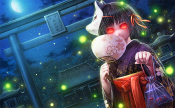 Rule 34 | 1girl, bag, bagged fish, black hair, black kimono, blue sky, closed mouth, commentary request, crescent moon, dutch angle, fireflies, fish, fox mask, glowing, glowing eyes, goldfish, hand fan, holding, holding fan, japanese clothes, kimono, looking at viewer, mask, mask on head, misaki (kyal 001), moon, night, obi, original, outdoors, red eyes, red sash, sash, short hair, shrine, sky, smile, solo, stone lantern, torii, upper body