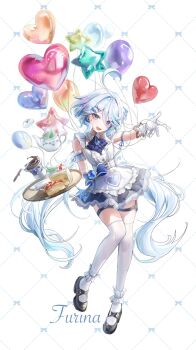 Rule 34 | 1girl, alternate costume, balloon, black shoes, blue eyes, blue hair, cake, cake slice, character name, commentary, dress, drop-shaped pupils, food, full body, furina (genshin impact), genshin impact, gloves, hair between eyes, heart balloon, highres, long hair, looking at viewer, multicolored hair, mungduck, offering hand, open mouth, shoes, simple background, sleeveless, sleeveless dress, smile, solo, standing, symbol-shaped pupils, thigh strap, thighhighs, very long hair, white gloves, white hair, white thighhighs, zettai ryouiki
