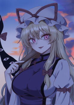 1girl 39_miku3939 absurdres blonde_hair blue_eyes bow cloud frilled_hat frills gap_(touhou) hair_bow hand_fan hand_up hat hat_ribbon highres holding holding_fan long_hair long_sleeves looking_at_viewer mob_cap parted_lips purple_tabard red_bow red_ribbon ribbon robe sky smile solo tabard touhou very_long_hair white_hat white_robe yakumo_yukari