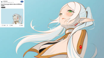 1girl absurdres capelet closed_mouth earrings elf english_text frieren green_eyes highres jewelry kenn_artz long_hair meme pointy_ears solo sousou_no_frieren twintails upper_body upward_angle_frieren_drawing_(meme) white_capelet white_hair