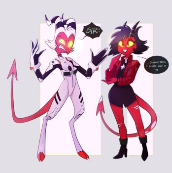 1boy 1girl alternate_costume angry ayanami_rei ayanami_rei_(cosplay) black_hair boots colored_skin cosplay cross crossover demon demon_tail english_text georgie_tenten glowing glowing_eyes goat_legs grey_background happy hellaverse helluva_boss high_heel_boots high_heels highres hooves horns jacket katsuragi_misato katsuragi_misato_(cosplay) mecha_pilot_suit millie_(helluva_boss) moxxie_(helluva_boss) neon_genesis_evangelion plugsuit_(evangelion) red_skin sharp_teeth shoes short_hair simple_background skinny skirt speech_bubble tail teeth white_hair yellow_eyes