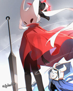 1girl 1other artist_name black_bodystocking blue_archive bodystocking cape character_mask commentary cosplay doodle_sensei_(blue_archive) english_commentary flower hair_flower hair_ornament halo highres hollow_knight hollow_knight:_silksong hornet_(hollow_knight) hornet_(hollow_knight)_(cosplay) knight_(hollow_knight) knight_(hollow_knight)_(cosplay) long_hair mask mutsuki_(blue_archive) needle_(hollow_knight) pointy_ears red_cape red_halo sensei_(blue_archive) side_ponytail string sydus twitter_username white_hair