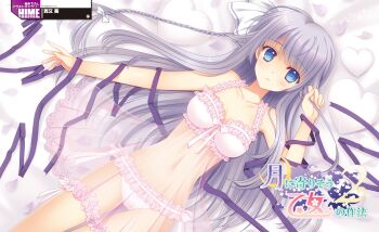 1girl absurdres babydoll bed blue_eyes blush bow bra braid breasts cleavage frilled_panties frills hair_bow highres light_purple_hair lingerie long_hair lying navel nishimata_aoi on_back panties pink_panties ribbon see-through_clothes so tsuki_ni_yorisou_otome_no_sahou_2 underwear youkadou_sakuri