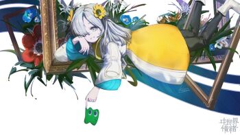 1girl black_pantyhose blue_flower coat creature dress flower grey_eyes grey_hair hair_flower hair_ornament hair_over_one_eye head_rest isekaijoucho kamitsubaki_studio long_hair long_sleeves looking_at_viewer lying multicolored_hair on_stomach pantyhose picture_frame signature smile solo through_medium two-tone_dress virtual_youtuber wen_ke_li white_background yellow_dress yellow_flower