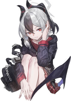 1girl absurdres backpack bag black_bag black_choker black_hair black_hoodie black_horns blue_archive blush choker closed_mouth collarbone demon_horns demon_wings grey_halo gun hair_between_eyes halo han-0v0 highres hood hoodie horns kayoko_(blue_archive) long_sleeves looking_at_viewer mole mole_on_collarbone mole_on_neck multicolored_hair ponytail red_eyes simple_background single_wing sitting solo two-tone_hair weapon white_background white_hair wings