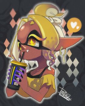blonde_hair colored_eyelashes colored_fingertips cup dark-skinned_female dark_skin drinking_straw earrings fangs fish_hook_earrings frye_(splatoon) frye_(splatoon_raiders) holding holding_cup inkling isamu-ki_(yuuki) jewelry long_eyelashes long_pointy_ears nintendo official_alternate_costume pointy_ears shawl splatoon_(series) splatoon_raiders tentacle_hair yellow_eyes yellow_shawl