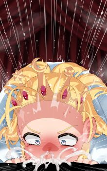 Rule 34 | 1boy, 1girl, absurdres, bar censor, blonde hair, blue eyes, blush, censored, crown, cum, cum in mouth, cum in nose, cyberbots, deepthroat, devilot de deathsatan ix, dress, ejaculation, fellatio, forehead, hetero, highres, huge penis, large variant set, long hair, long sleeves, looking ahead, mizumizuni, narrowed eyes, oral, penis, pointless censoring, pov, pov crotch, puffy sleeves, saliva, solo focus, variant set