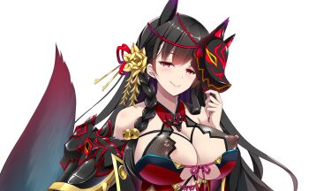 1girl animal_ears bare_shoulders bell black_hair blush braid breasts chikubi_(artist) cleavage corruption covered_erect_nipples dark_persona flower fox_ears fox_girl fox_mask fox_tail game_cg hair_bell hair_flower hair_ornament half-closed_eyes holding holding_mask huge_breasts jingle_bell kusarou large_variant_set long_hair looking_at_viewer mahou_shoujo_inori mask morita_ouka nail_polish nipples non-web_source official_art red_eyes red_nails see-through_clothes side_braid smile solo tail transparent_background upper_body variant_set