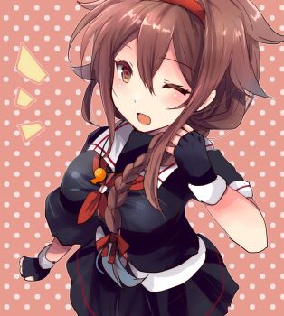 Rule 34 | 1girl, alternate hairstyle, asymmetrical clothes, black gloves, black serafuku, black shirt, black skirt, braid, breasts, commentary request, cosplay, cowboy shot, fingerless gloves, gloves, hair over shoulder, highres, hirune (konekonelkk), kantai collection, large breasts, neckerchief, one eye closed, pink background, pleated skirt, polka dot (kancolle), red neckerchief, sailor collar, sailor shirt, school uniform, serafuku, shigure (kancolle), shigure (kancolle) (cosplay), shigure kai ni (kancolle), shigure kai ni (kancolle) (cosplay), shiratsuyu (kancolle), shiratsuyu kai ni (kancolle), shirt, single braid, skirt, solo, whistle, whistle around neck