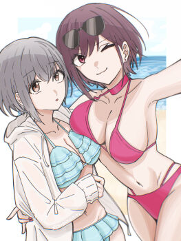 Rule 34 | 2girls, :3, asymmetrical docking, bang dream!, bang dream! it's mygo!!!!!, bikini, blue bikini, breast press, breasts, brown eyes, choker, cleavage, commentary, earrings, eyewear on head, frilled bikini, frills, grey hair, highres, jacket, jewelry, large breasts, multiple girls, nagomu 7 56, nail polish, navel, one eye closed, open mouth, pink bikini, pink choker, pink eyes, pink nails, short hair, stomach, stud earrings, swimsuit, takamatsu tomori, white jacket, yuutenji nyamu