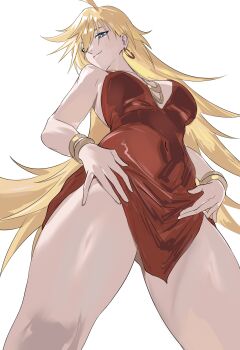 Rule 34 | 1girl, absurdres, ahoge, blonde hair, blue eyes, bracelet, breasts, chain, clothes lift, covered navel, dress, dress lift, earrings, from below, gluteal fold, gold chain, hands on own hips, highres, hoop earrings, jewelry, leg focus, long hair, looking at viewer, panty &amp; stocking with garterbelt, panty (psg), red dress, satin, simple background, smile, solo, swept bangs, taiyang yu, thick thighs, thighs, very long hair, white background
