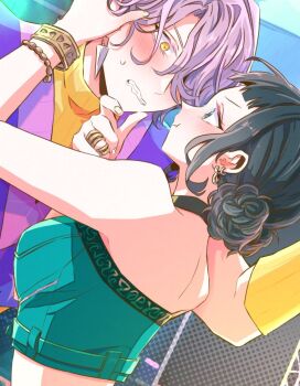 1boy 1girl aqua_shirt bangle bare_shoulders black_hair blunt_bangs blush bracelet breasts clenched_teeth commentary crop_top detached_sleeves double_bun earrings english_commentary furrowed_brow hair_bun hair_over_one_eye halterneck hand_in_another's_hair hand_on_another's_chin hetero jewelry kpop_demon_hunters medium_breasts midriff multiple_rings mystery_(kpop_demon_hunters) purple_hair purple_sweater_vest ribbed_sweater ring shirt short_bangs sleeveless sleeveless_turtleneck sweatdrop sweater sweater_vest teeth tooth_earrings turtleneck updo upper_body wavy_mouth yellow_eyes yellow_sleeves yellow_sweater yosuo_0408 zoey_(kpop_demon_hunters)