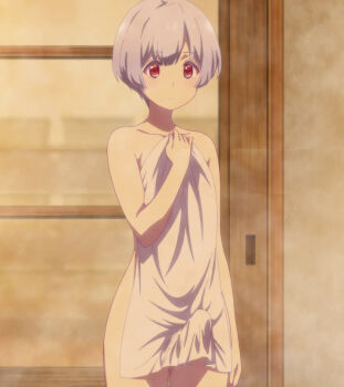 1girl absurdres anime_screenshot bare_shoulders bathroom collarbone covering_breasts covering_privates highres irina_ilukhina naked_towel phallic_symbol red_eyes renai_flops reverse_trap sexually_suggestive short_hair stitched thighs third-party_edit towel white_hair