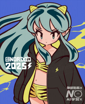 1girl 2025 animal_print black_jacket blue_background breasts cleavage cowboy_shot crop_top green_eyes green_hair hood hood_down hooded_jacket horns jacket light_blush lum medium_breasts midriff navel norixio pointy_ears print_shirt print_shorts shirt shorts sidelocks solo tiger_print twitter_username urusei_yatsura