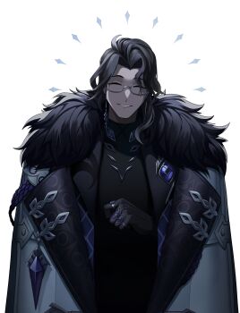 1boy absurdres bishounen black_cloak black_gloves black_hair black_jacket black_shirt cero_(last2stage) clenched_hand cloak closed_eyes coat commentary commentary_request earrings english_commentary eyewear_strap fatui_coat fur-trimmed_cloak fur-trimmed_coat fur_trim genshin_impact glasses gloves grey-framed_eyewear grin hair_between_eyes high_collar highres jacket jewelry korean_commentary long_hair male_focus medium_hair mixed-language_commentary open_clothes open_jacket pantalone_(genshin_impact) ring semi-rimless_eyewear shirt simple_background smile solo upper_body white_background
