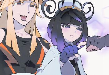 1boy 1girl 1other black_dress black_hair black_shirt blonde_hair blue_gloves blunt_bangs bob_cut brother_and_sister clenched_hand closed_mouth coat dress gapamopa gloves gradient_hair gwynn_(pokemon) hat highres ivor_(pokemon) long_hair long_sleeves mole mole_under_mouth multicolored_hair nintendo open_clothes open_coat open_mouth partially_fingerless_gloves pokemon pokemon_legends:_z-a poking purple_eyes purple_hair red_eyes shirt short_hair siblings teeth upper_body white_coat wide_sleeves