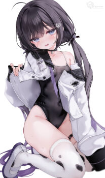 1girl absurdres animal_print artist_name black_choker black_hair black_one-piece_swimsuit black_ribbon blue_eyes blush breasts cameltoe choker collarbone commentary_request covered_navel cow_print cow_print_thighhighs hair_ornament hair_ribbon heart heart_hair_ornament highleg highleg_one-piece_swimsuit highres indie_virtual_youtuber jacket long_hair long_sleeves looking_at_viewer low_twintails one-piece_swimsuit open_clothes open_jacket print_thighhighs ribbon shiny_swimsuit shoes simple_background small_breasts solo swimsuit swimsuit_under_clothes thigh_strap thighhighs twintails very_long_hair virtual_youtuber wet white_background white_jacket white_shoes white_thighhighs yunmi_(vtuber) yunmi_0527