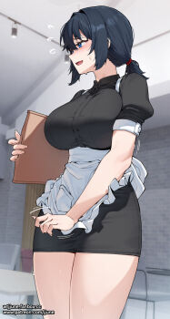 1girl apron black_dress blush breasts dress embarrassed frilled_apron frills highres holding holding_menu jjune large_breasts looking_to_the_side medium_hair menu open_mouth original ponytail short_sleeves solo waist_apron white_apron