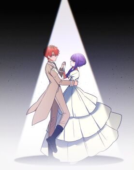 Rule 34 | 1boy, 1girl, black boots, black hair, boots, brown jacket, brown necktie, brown pants, brown suit, collared shirt, couple, dress, fern (sousou no frieren), formal clothes, full body, gon (imrower), hair between eyes, hand on another's back, hand on another's shoulder, hetero, highres, holding hands, interlocked fingers, jacket, long dress, long hair, multicolored hair, necktie, pants, parted bangs, puffy short sleeves, puffy sleeves, purple eyes, purple hair, red eyes, red hair, shirt, short hair, short sleeves, sidelocks, sousou no frieren, spotlight, stark (sousou no frieren), suit, suit jacket, two-tone hair, updo, white dress, white shirt