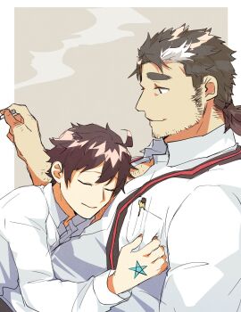 bara bone_color919 chest_hair facial_hair hand_hair highres light_smile male_focus mature_male mononobe_kyoma multicolored_hair muscular muscular_male partially_unbuttoned protagonist_4_(housamo) protected_link short_hair sideburns_stubble sleeping sleeping_on_person smoking sparse_stubble streaked_hair stubble thick_eyebrows tokyo_houkago_summoners white_hair yaoi