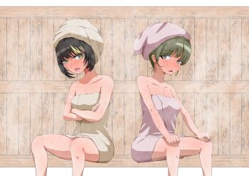 2girls @_@ absurdres blush breasts brown_hair check_commentary collarbone commentary commentary_request crossed_arms green_hair hands_on_own_knees highres hot idolmaster idolmaster_shiny_colors ikaruga_luca looking_at_another medium_breasts multicolored_hair multiple_girls naked_towel nanakusa_nichika open_mouth sauna sidelocks simple_background sitting small_breasts split_screen streaked_hair sweat towel towel_on_head very_mao very_sweaty wooden_wall