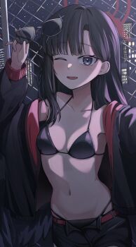 1girl absurdres arm_up bare_shoulders beerbear_7321 bikini black_bikini black_hair black_jacket black_shorts blue_archive blue_eyes breasts chain-link_fence collarbone commentary_request cowboy_shot fence halo halterneck highres holding holding_removed_eyewear ichika_(blue_archive) ichika_(swimsuit)_(blue_archive) jacket korean_commentary long_hair looking_at_viewer navel off_shoulder official_alternate_costume one_eye_closed open_clothes open_fly open_jacket open_mouth parted_bangs shorts small_breasts smile solo stomach string_bikini sunglasses swimsuit unworn_eyewear