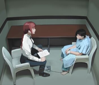 2girls absurdres ankle_cuffs black_hair black_necktie braid braided_ponytail chain chained chainsaw_man collared_shirt hair_ornament hairclip higashiyama_kobeni highres hospital_gown hunched_over interrogation looking_at_another makima_(chainsaw_man) medium_hair meme multiple_girls necktie nikolas_cruz_interrogation_(meme) red_hair shirt shirt_tucked_in short_hair sidelocks single_sidelock table white_shirt xyanaid