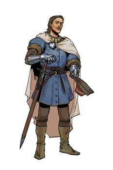 Rule 34 | 1boy, blue eyes, boat, brown hair, cape, clothing request, facial hair, gauntlets, highres, holding, holding weapon, looking at viewer, mustache, sheath, sheathed, simple background, solo, sword, watercraft, weapon, white background, zhongshe