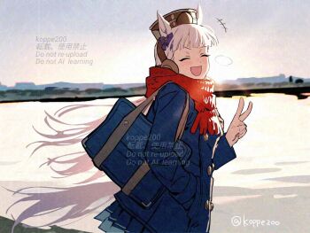 1girl animal_ears blue_coat blunt_bangs blush bow brown_hat coat ear_bow facing_viewer gold_ship_(umamusume) grey_hair hand_in_pocket hat horse_ears horse_girl horse_tail koppe_koppe long_hair open_mouth outdoors pillbox_hat purple_bow red_scarf scarf school_uniform sky smile solo tail tracen_school_uniform tracen_winter_coat umamusume v winter_clothes winter_coat winter_uniform