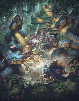 6+boys absurdres arrow_(projectile) creature dwarf fantasy fighting hanging_plant highres jungle justin_gerard multiple_boys nature original plant rainforest sea_serpent temple tree vines