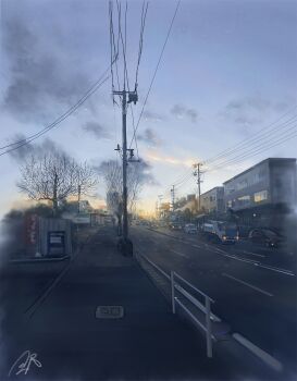 bare_tree blue_sky building car cloud commentary_request dusk highres motor_vehicle no_humans nzwt original outdoors power_lines road scenery signature sky town tree truck utility_pole