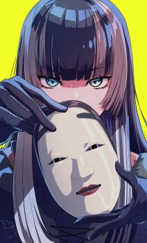 1girl absurdres black_dress black_gloves black_hair blue_eyes commentary covered_mouth cross-laced_clothes cross-laced_dress dated dress gloves green_background grey_hair highres holding holding_mask hololive hololive_dev_is juufuutei_raden juufuutei_raden_(1st_costume) long_hair looking_at_viewer mask multicolored_hair noh_mask sgmt_proxy signature simple_background solo straight-on streaked_hair symbol-only_commentary two-tone_hair virtual_youtuber