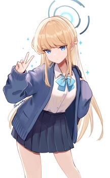 1girl absurdres amaneko_(amaneko_y) bag bare_legs black_skirt blonde_hair blue_archive blue_bow blue_bowtie blue_cardigan blue_eyes blue_halo bow bowtie breasts cardigan collared_shirt commentary_request cowboy_shot cross dress_shirt halo highres leaning_forward long_hair long_sleeves looking_at_viewer open_cardigan open_clothes pleated_skirt school_bag school_uniform shirt simple_background skirt small_breasts solo standing toki_(blue_archive) username v very_long_hair white_background white_shirt