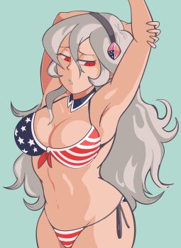 Rule 34 | 1girl, american flag, american flag bikini, american flag print, armpits, arms up, bikini, breasts, cleavage, davewaterfalls, detached collar, dragon girl, female corrin (fire emblem), fire emblem, fire emblem fates, flag print, flag print bikini, hairband, long hair, looking down, midriff, navel, nintendo, pointy ears, print bikini, red eyes, simple background, swimsuit, white hair