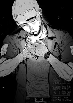 1boy belt black_background cheekbones cigarette greyscale highres jacket jewelry lighting_cigarette looking_down male_focus monochrome nanu_(pokemon) nazuka_jyo nintendo old old_man open_clothes open_jacket own_hands_together pants pendant pokemon pokemon_sm shirt short_hair short_sleeves simple_background smoking solo upper_body watermark z-crystal z-ring