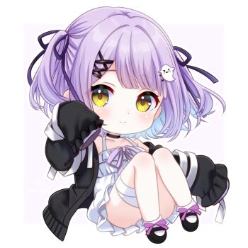Rule 34 | 1girl, bare shoulders, black choker, black jacket, black shoes, blunt bangs, blush, border, bow, chibi, chibi only, choker, closed mouth, collarbone, commentary request, convenient leg, dot nose, dress, footwear bow, full body, ghost hair ornament, hair ornament, hair ribbon, hairclip, jacket, long sleeves, looking at viewer, off shoulder, open clothes, open jacket, outline, outside border, parallel hairclips, purple background, purple bow, purple hair, purple ribbon, ribbon, shinomiya runa, shoes, short hair, simple background, sleeves past fingers, sleeves past wrists, smile, socks, solo, toketa-sekai, two side up, virtual youtuber, vspo!, white border, white dress, white outline, white socks, x hair ornament, yellow eyes