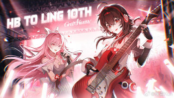 2girls ahoge black_gloves black_hair bow brown_hair dress fingerless_gloves glasses gloves graykunw guitar hair_bow headphones highres holding holding_instrument instrument long_hair looking_at_viewer microphone multiple_girls music open_mouth pink_eyes pink_hair playing_instrument red_eyes singing smile stage vocaloid vsinger_(vocaloid) watermark weibo_username weibo_watermark yuezheng_ling yuezheng_ling_v3