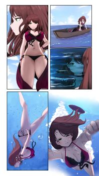 1girl absurdres air_bubble asphyxiation barefoot bikini biru_saeika black_panties boat breasts brown_hair bubble cleavage drowned drowning green_eyes highres holding_breath large_breasts panties red_bikini solo swimming swimsuit thighs underwater underwear water watercraft